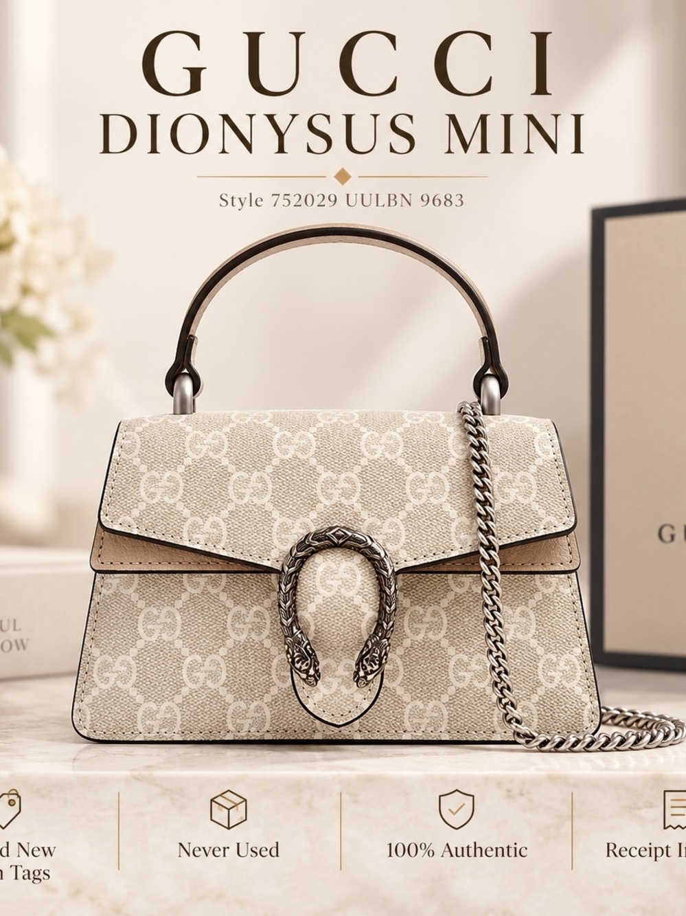 0Gucci Beige GG Supreme Dionysus Mini Top Handle Bag NWT.
